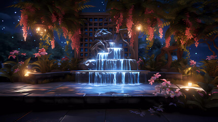 A fountain in a garden with a tiled wall and trees around it at night time with lights on the sides