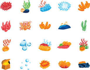 Set of colorful coral reef elements, seaweed, underwater marine life collection. Ocean flora and fauna, aquatic plants, sea life vector illustration.