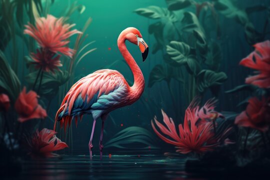Foliage and Feathers: A Pink Flamingo's Paradise © Igor