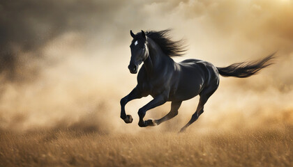 A black horse running on sunny background