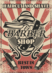 Vintage advertising poster for a barbershop. Template for design. Set of elements for design