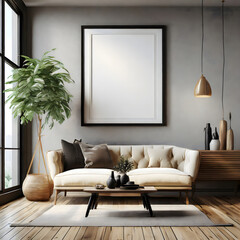 A white empty frame mockup in the living room with a sofa.