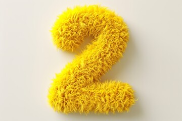 Cute yellow number 2 or two as fur shape, short hair, white background, 3D illusion, storybook style