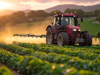 photograph of tractor spraying pesticides on a field of grain 