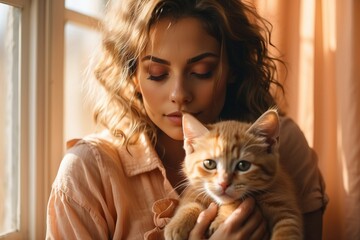 young woman hugging kitten near a window lit by daylight