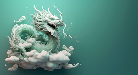 Traditional Asian dragon on green background with copy space. Dragon and clouds on a green background. 3D illustration. 3D rendering. - obrazy, fototapety, plakaty