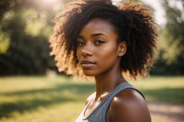 Close-up of young black woman in sunlit park background