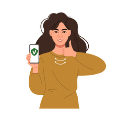 A young woman shows the screen of her mobile phone and gestures showing a class gesture. A green security shield with a check mark on the smartphone screen. The concept of information security  