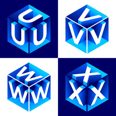 Isometric alphabet. 3d bold uppercase latin letters and numbers, geometric futuristic typography, cubic straight block english font different angles, simple abc isometry collection vector isolated set