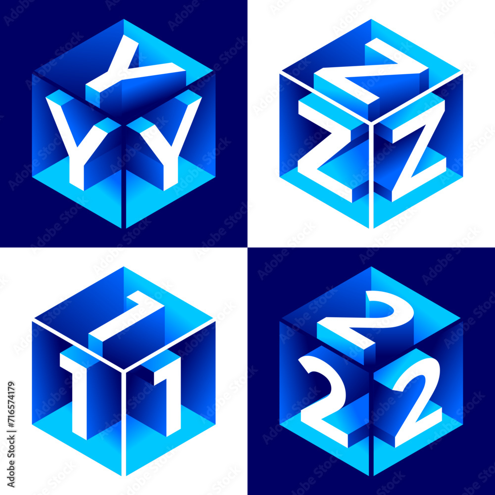 Fototapete isometric alphabet. 3d bold uppercase latin letters and numbers, geometric futuristic typography, cu