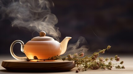 Composition with teapot with tea. Tea concept. Created with Generative AI