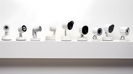 A group of security cameras sitting on top of a white table top next to each other on a white surface