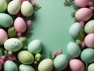 Colorful easter eggs with flowers on green background, top view with empty copy space
