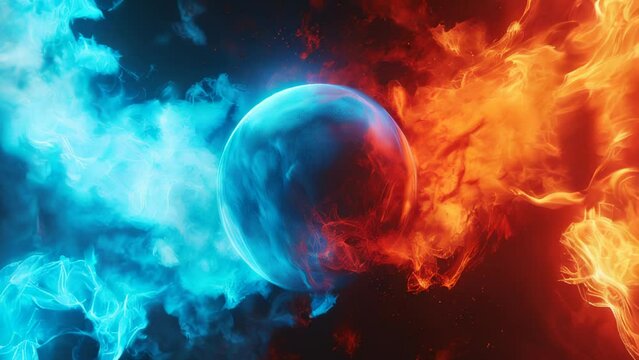 Visual image of contrasting spheres composed of fire and ice elements
