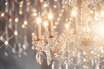 crystal chandelier that is illuminated and hanging against a backdrop of a sparkling bokeh effect