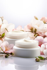 Obraz na płótnie Canvas Cosmetic cream jars mockup on white background with spring flowers. Skin care product package design.