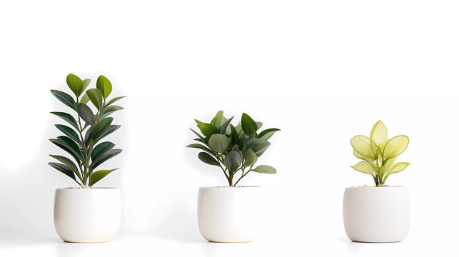 A group of three potted plants sitting next to each other on a white surface with a white background