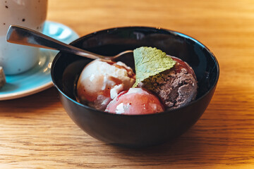 Ice cream bowl on the table. Sweet dessert.