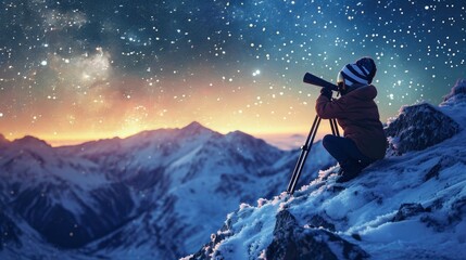 A child dressed in astronaut gear, gazing in awe at the starry sky through a telescope atop a snow-capped mountain