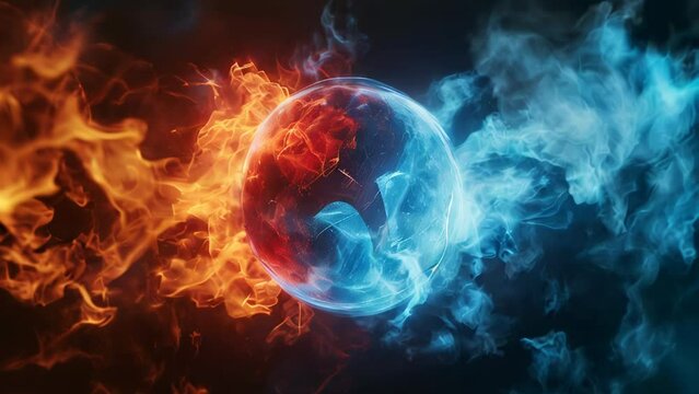Visual image of contrasting spheres composed of fire and ice elements
