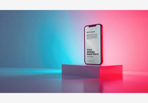 Mobile Mockup Phone Template with Neon Lights on Black and White Backgrounds, Red and Blue Lights and Colorful Accents for Stock Photos
