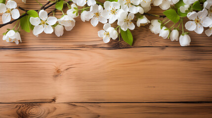 Spring apple blossoms flowering branch on wooden background. Generative AI