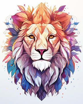Lion face in a circle with floral patterns and vibrant colors, suitable for t-shirt design, 2D game art, or exotic-themed projects, isolated on white background