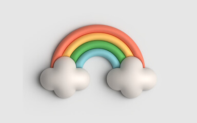 3D cartoon colorful rainbow with clouds isolated on grey background. Vector Illustration of 3d Render in minimal style.
