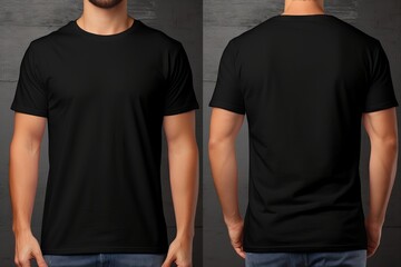 Modern plain black t-shirt mockup template in photo studio setting with male model - front and back views, stylish apparel mockup for fashion brand presentation