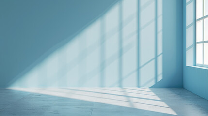 Empty room with minimalist sky blue wall background with sun shadow for product presentation