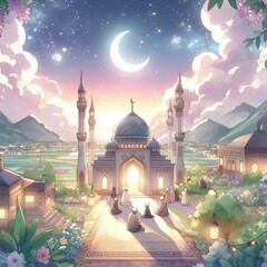 Fantasy landscape with mosque and crescent moon in the sky. Ramadan kareem, eid mubarak and eid fitr concept.
