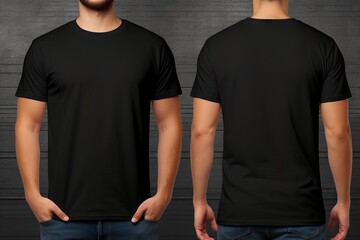Modern plain black t-shirt mockup template in photo studio setting with male model - front and back views, stylish apparel mockup for fashion brand presentation - obrazy, fototapety, plakaty