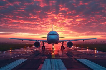 Airplane on the runway at sunset. Travel and transportation concept 