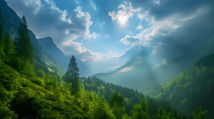 landscape, mountains, trees, beautiful weather, bright clouds