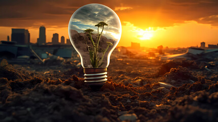 A light bulb with a plant growing inside of it on a dirt ground with a sunset in the background