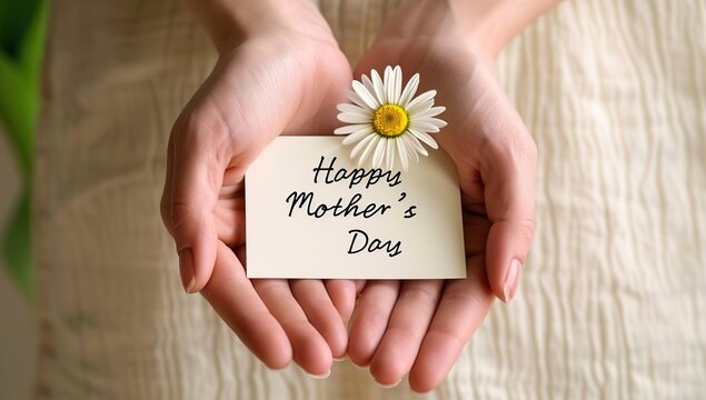 Hands holding a Mother's Day card with a daisy on a fabric background. Mother's Day concept.
