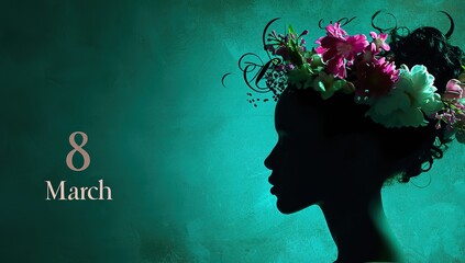 Silhouette of a female profile with a floral crown on a dark green background with the inscription...