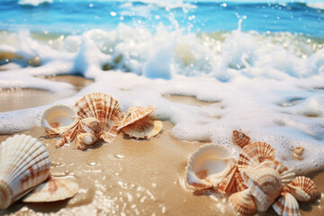 Obraz na płótnie Canvas Summer Daytime Shells And Water Waves Outdoor Shells And Water Waves Photography Map Background