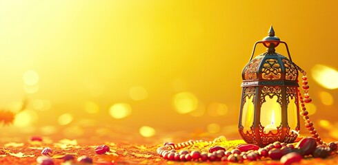 Ramadan lantern on a yellow background with beads and stones. The concept of the holy month of Ramadan.