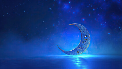 Blue crescent moon and star on a night background. The concept of celebrating Ramadan