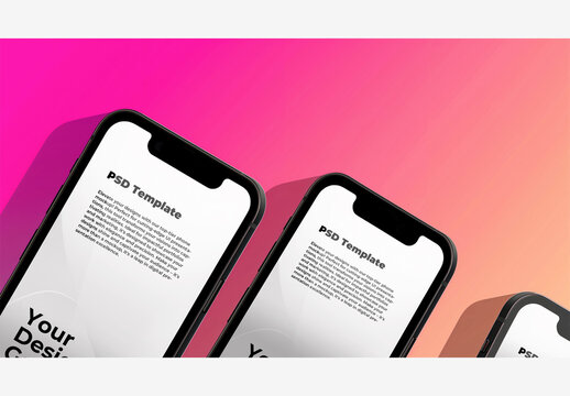 Mobile Mockup Phone Template: Three Phones in Different Colors on Pink, Purple, Orange, Yellow, Red, Black, and Blue Backgrounds