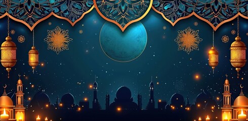 Golden Islamic lanterns and patterns on a blue background. The concept of the sacred month of Ramadan.