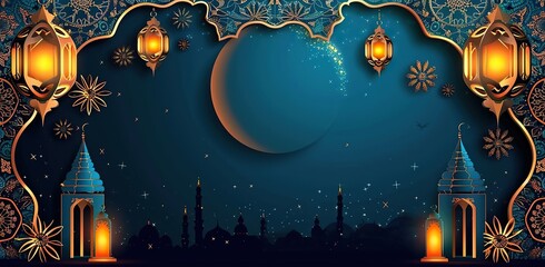 Islamic lanterns and patterns on a night background with the moon. The concept of Ramadan and festive decoration.