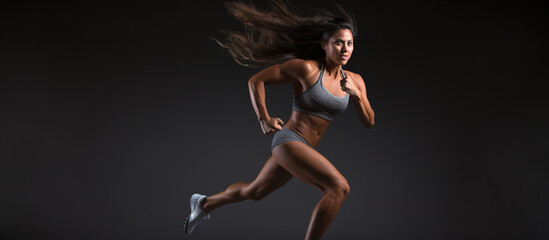 Athletic young woman in sportswear running isolated on dark background.