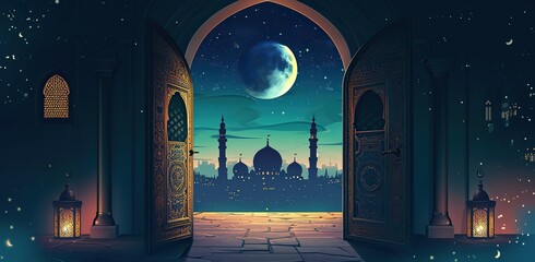 View from an arched entrance to a mosque under a full moon. The concept of celebrating Ramadan - obrazy, fototapety, plakaty