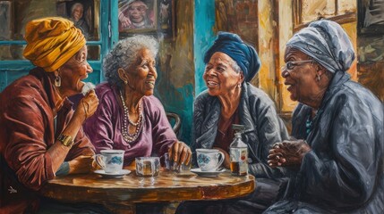 A group of elderly women from various cultures, engaging in a lively debate at a cafe, their animated expressions and diverse perspectives captured in a realistic painting style,
