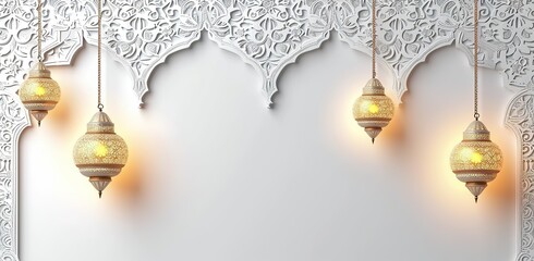 Hanging golden lanterns against Islamic ornament backdrop. Concept of decoration for religious holidays.