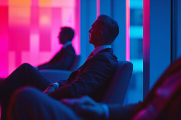 Businessman watching presentation, neon colors. - obrazy, fototapety, plakaty