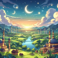 Beautiful fantasy landscape with mosque and river at night. Digital illustration. ramadan kareem, eid mubarak and eid fitr concept.