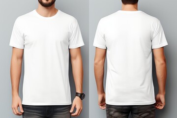 Modern plain white t-shirt mockup template in photo studio setting with male model - front and back...
